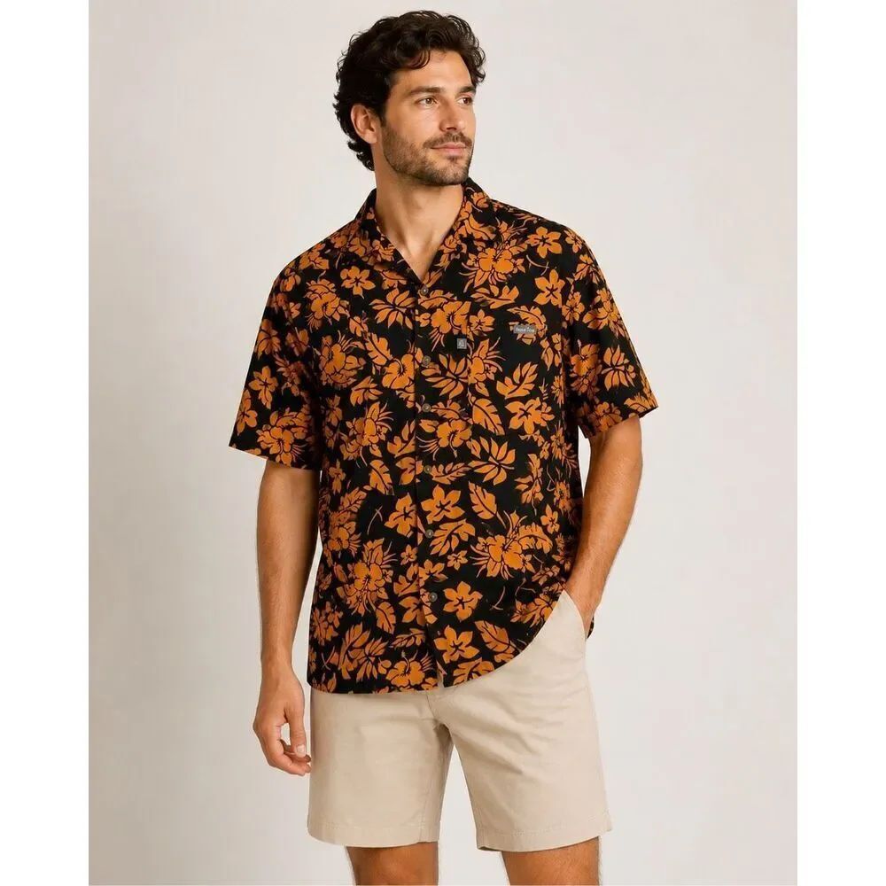 Havae Tahiti Hawaiian Shirt Mens L Black Orange Floral Aloha Cotton